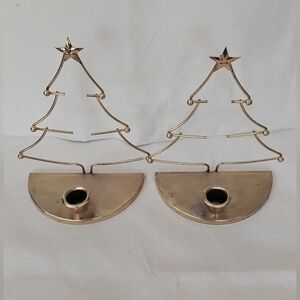 Vtg  Set of 2 Brass Christmas Tree Candle Holders Candlrstick Holders